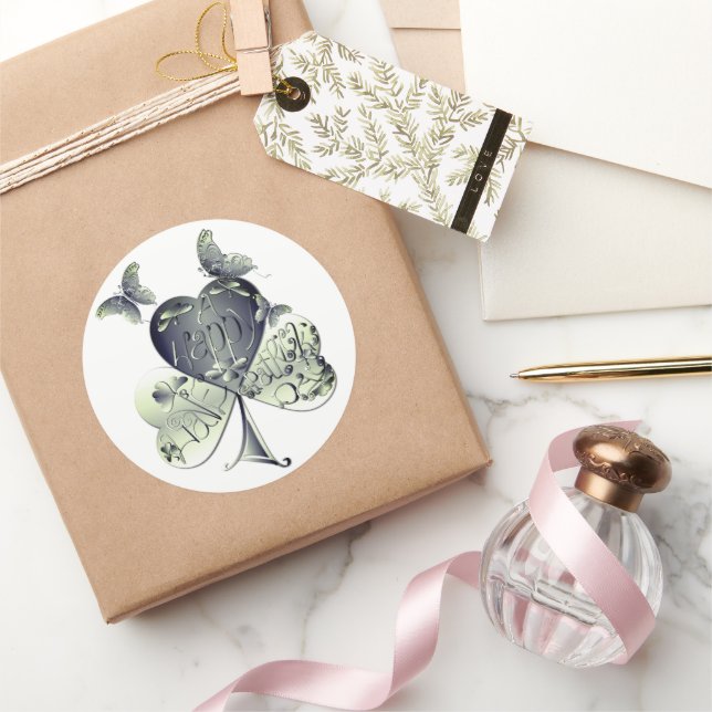 Pegatina Redonda "Feliz San Patricio". Shamrock Butterflies (Regalar)