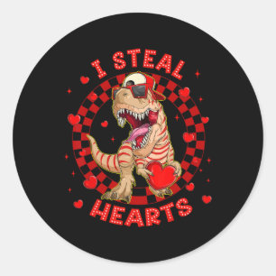 Pegatina Redonda Feliz San Valentín Roba Corazones Trex Dinosaurio 