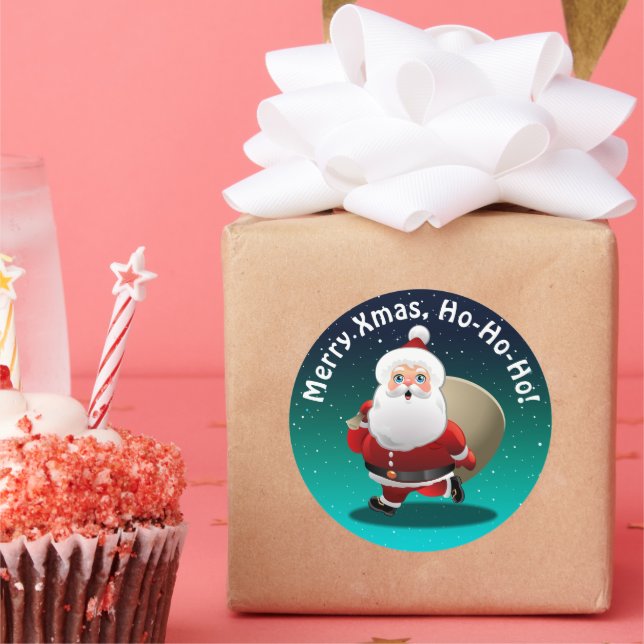 Pegatina Redonda Feliz Santa Claus con un saco lleno de regalos (Fiesta)