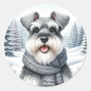 Pegatina Redonda Feliz Schnauzer en un escarpado arte invernal
