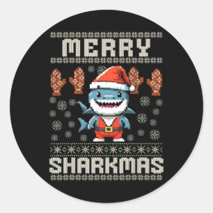 Pegatina Redonda Feliz Sharkmas Navidades de tiburón Nochebuena niñ