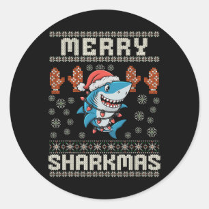 Pegatina Redonda Feliz Sharkmas Navidades de tiburón Nochebuena niñ