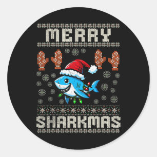 Pegatina Redonda Feliz Sharkmas Navidades de tiburón Nochebuena niñ