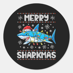 Pegatina Redonda Feliz Sharkmas Tiburón Santa Luces feas de Navidad
