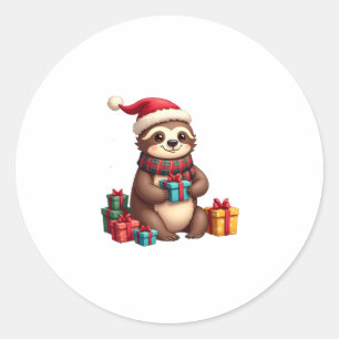 Pegatina Redonda Feliz Slothmas lindo sloth de Navidad sombrero de