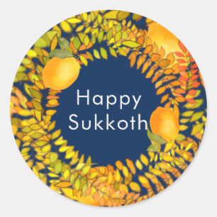 Pegatina Redonda Feliz Sukkot emons y hojas azul