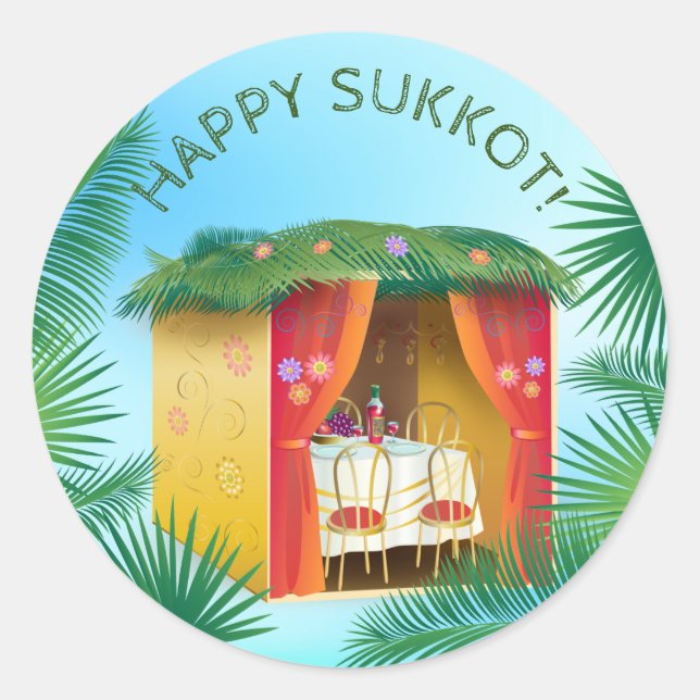 Pegatina Redonda Feliz Sukkot Sukkah Lulav y la acuarela Etrog (Anverso)
