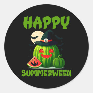 Pegatina Redonda Feliz Summerween Sandía De Jack-o-lantern De Veran