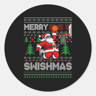 Pegatina Redonda Feliz Swishmas Baloncesto Feo Navidad Santa Hombre