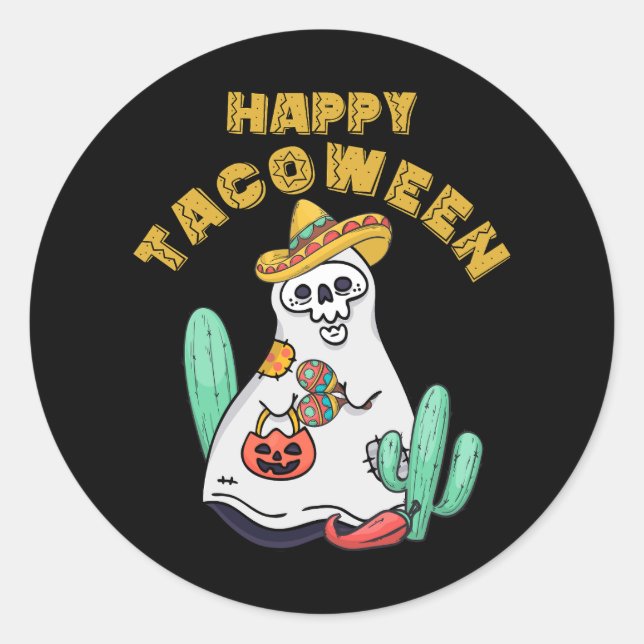 Pegatina Redonda Feliz Tacoween Halloween Fantasma Taco México Cinc (Anverso)
