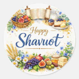 Pegatina Redonda Feliz Tarjeta de Shavuot, Acuarela, Siete Especies