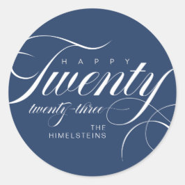 Pegatina Redonda Feliz Veintitrés Hanukkah Blanco Azul