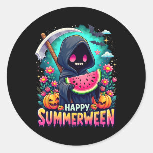 Pegatina Redonda Feliz verano entre Skeleton Jack-o-lantern Wa
