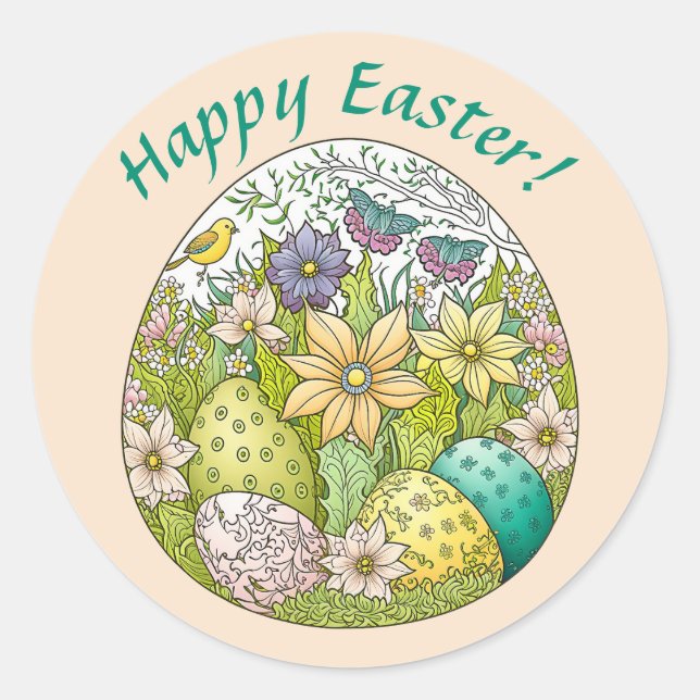 Pegatina Redonda Feliz Viñeta de Pascua Mandala Art 3 Personalizado (Anverso)