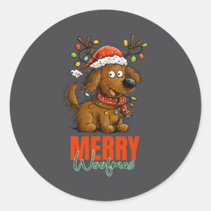 Pegatina Redonda Feliz Woofmas Perro Cute Luces De Navidad Cachorro