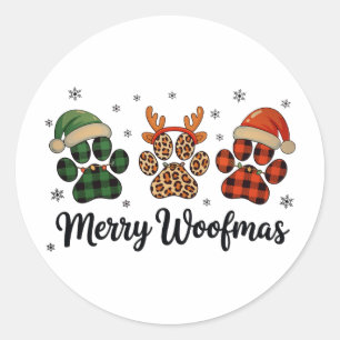 Pegatina Redonda Feliz Woofmas Perro Pata Navidad Luces Divertidas