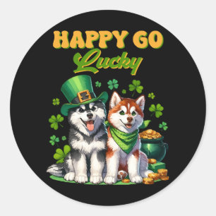 Pegatina Redonda Feliz y Afortunado Husky Lindo Día de San Patricio