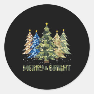 Pegatina Redonda Feliz Y Brillante Árbol De Navidad De Camo Feliz N