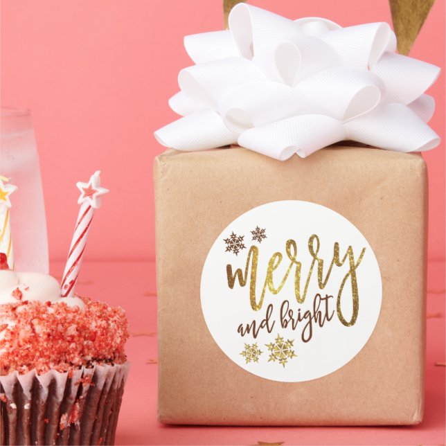 Pegatina Redonda Feliz y brillante, dorado blanco, (Fiesta)