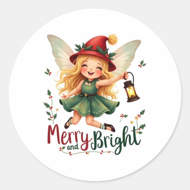 Pegatina Redonda Feliz y brillante, Feliz Navidad (Anverso)