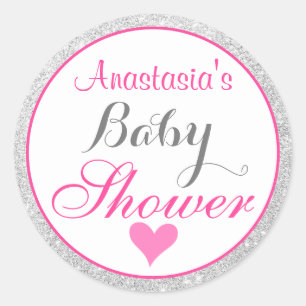 Pegatina Redonda Femenina Cumpleaños de Bebé Princesa Rosa y Plata