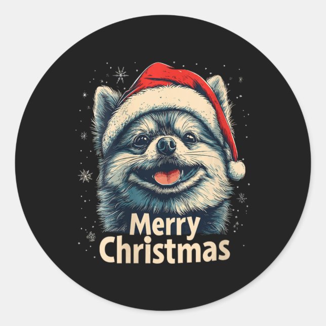 Pegatina Redonda Femeninas Pomeranian Santa Hat Feliz Navidad Navid (Anverso)