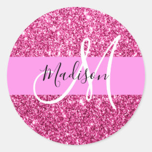 Pegatina Redonda Femenino y glamuroso monograma con brillo rosa cal