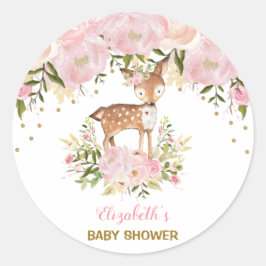 Pegatina Redonda Feminine Deer Baby Shower Rubor Pink Floral Favore