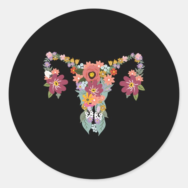 Pegatina Redonda Feminista De Los Derechos Del Ovario Floral Uterus (Anverso)