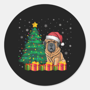 Pegatina Redonda Feo tibetano castiff Santa Hat Navidades