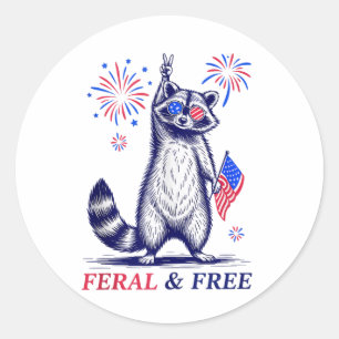 Pegatina Redonda Feral & Racoon Patriótico Gratuito Feral Y