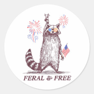 Pegatina Redonda Feral & Racoon Patriótico Gratuito Feral Y