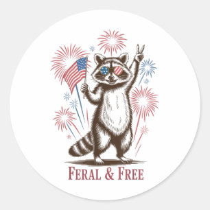 Pegatina Redonda Feral &amp; Racoon Patriótico Gratuito Feral Y