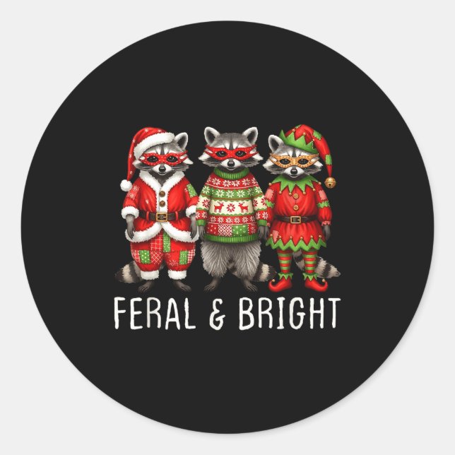 Pegatina Redonda Feral And Bright Raccoon Santa Christmas Holiday T (Anverso)