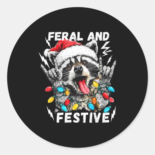 Pegatina Redonda Feral And Festive Funny Christmas Rocker Raccoon S (Anverso)