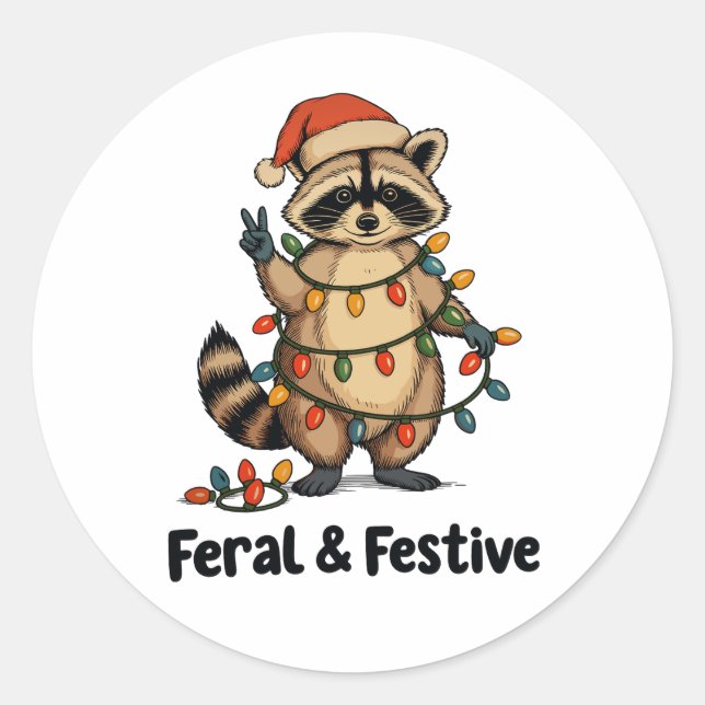 Pegatina Redonda Feral And Festive Raccoon Christmas Xmas Lights (Anverso)