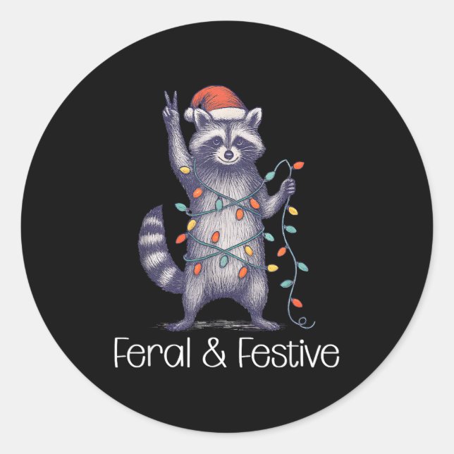 Pegatina Redonda Feral And Festive Raccoon, Funny Christmas  (Anverso)