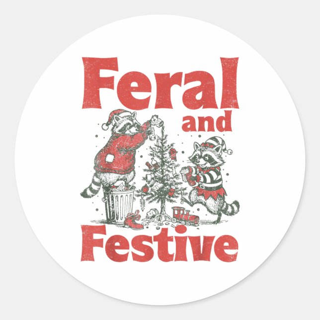 Pegatina Redonda Feral And Festive Raccoon Santa Christmas Holiday  (Anverso)