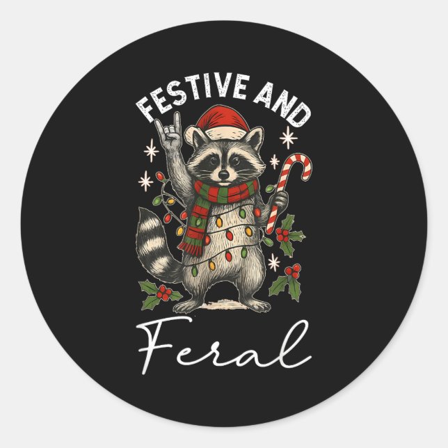 Pegatina Redonda Feral And Festive Raccoon Santa Hat Christmas Ligh (Anverso)
