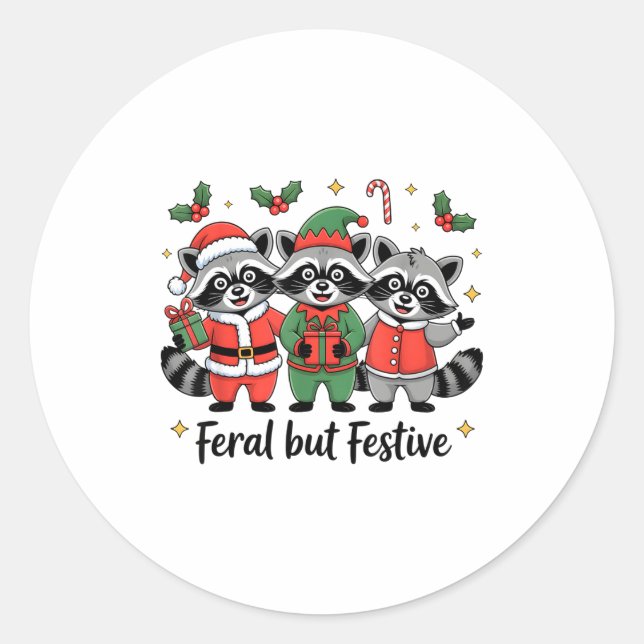 Pegatina Redonda Feral But Festive Funny Christmas Cute Raccoon Elf (Anverso)