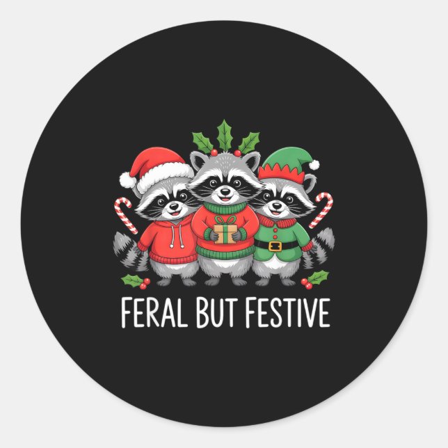 Pegatina Redonda Feral But Festive Funny Raccoon Christmas Holiday  (Anverso)