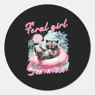 Pegatina Redonda Feral Chica Summer Funny Meme Feral Raccoon Summer