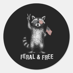Pegatina Redonda Feral Y Gratuito Raccoon 4 De Julio Ee.Uu. Patri