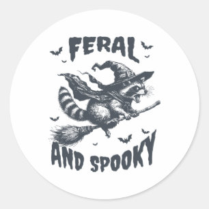Pegatina Redonda Feral Y Spooky Raccoon Witch Gorra Halloween Funny
