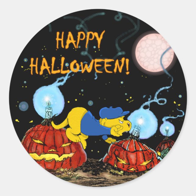 Pegatina Redonda Ferald y las calabazas rojas | Halloween (Anverso)