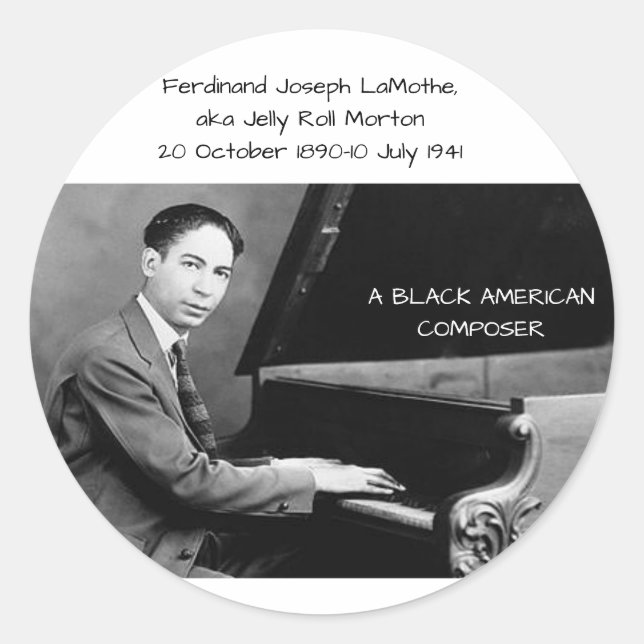 Pegatina Redonda Ferdinand Joseph LaMothe, alias Jelly Roll Morton (Anverso)