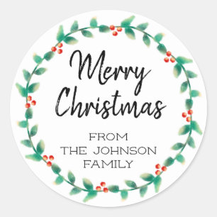 Pegatina Redonda Feria personalizada Navidad Holly Wreath