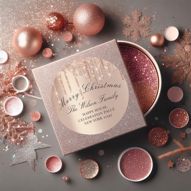 Pegatina Redonda Ferias navideñas feriados RSVP Rosa Oro Drimes (Merry Christmas Holidays RSVP Rose Gold Drips Classic Round Sticker)