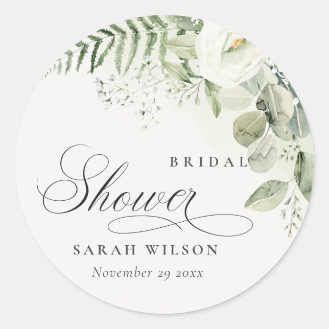 Pegatina Redonda Fern Eucalyptus Greenery Foliage Bridal Shower (Anverso)