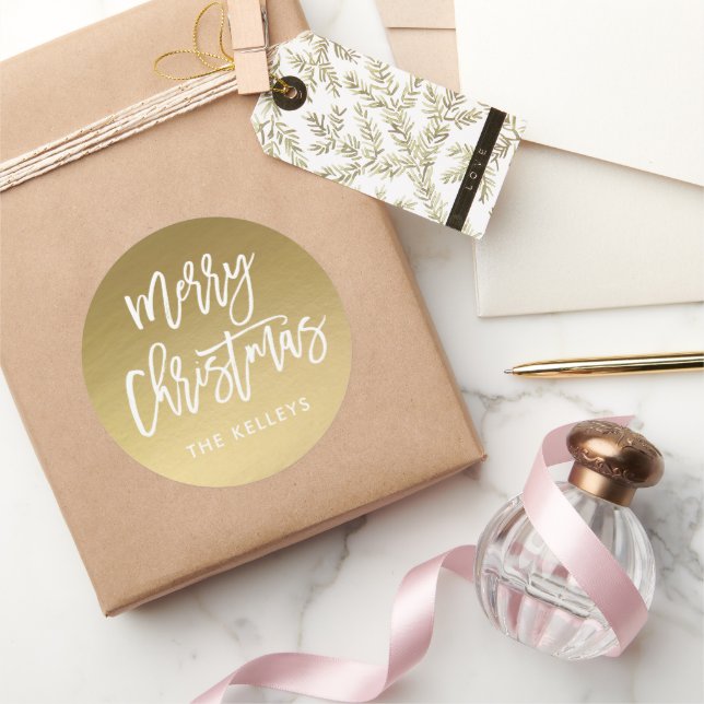 Pegatina Redonda Ferry Christmas Brush Script Gold Personalizado (Regalar)
